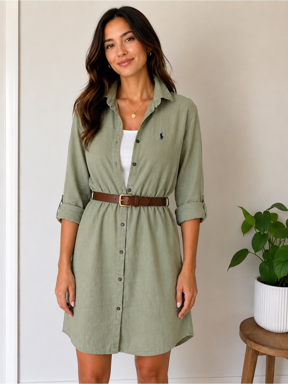 Polo Ralph Lauren Linen-Blend Shirt Dress / Coverup – Sage Green – Size Large 🌿